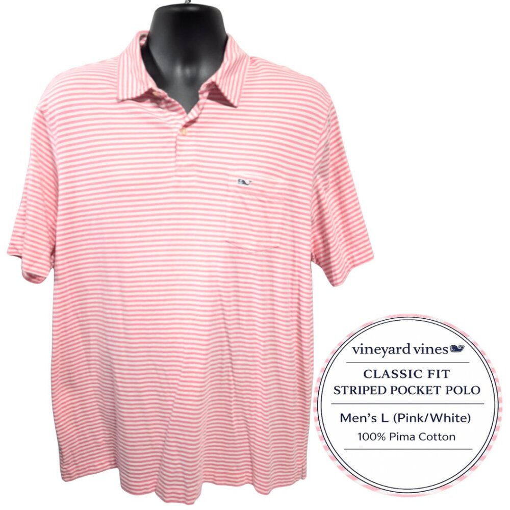 Vineyard Vines Classic Fit Polo Shirt Mens L Pink White Stripe Pocket Pima